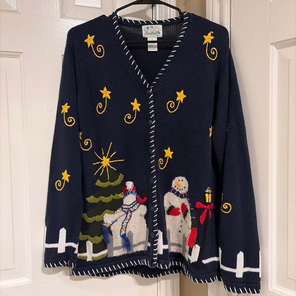 The Quacker Factory Vintage Christmas Snowman Embroidered Navy Cardigan Sweater